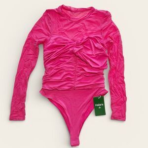 Halara Hot  Pink Ruched Mesh Long Sleeve Stretch Bodysuit Athleisure Size S NWT